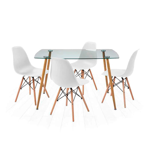 Comedor Dortmund con 4 sillas Oslo - Cristal y Blanco - Tugow