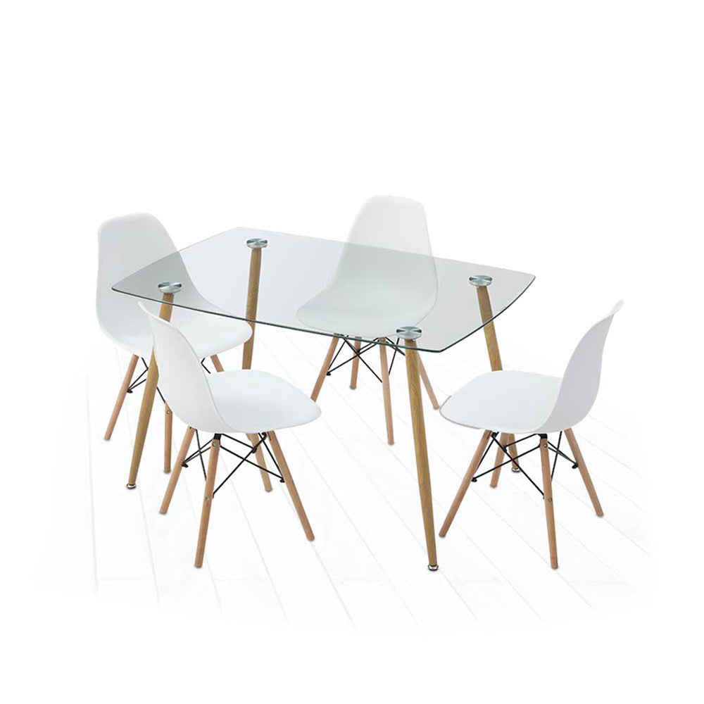 Comedor Dortmund con 4 sillas Oslo - Cristal y Blanco - Tugow