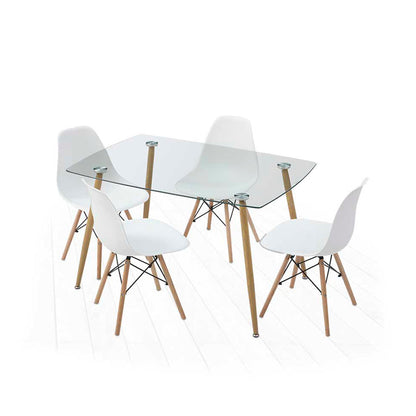 Comedor Dortmund con 4 sillas Oslo - Cristal y Blanco - Tugow