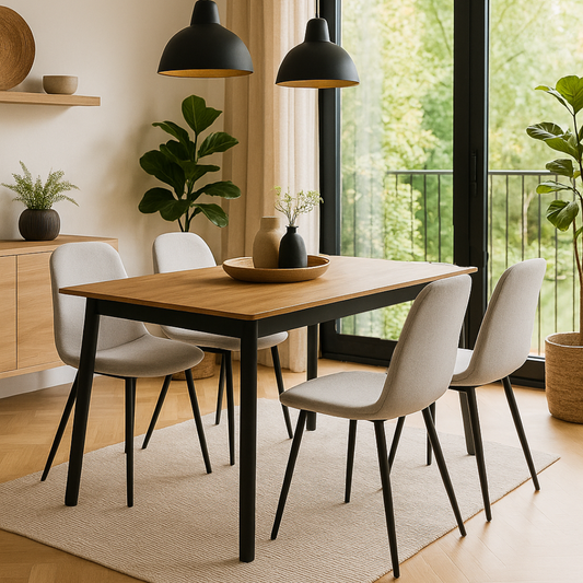 Mesa de comedor Sansa con 4 sillas Boucle - Nogal, Negro y Blanco