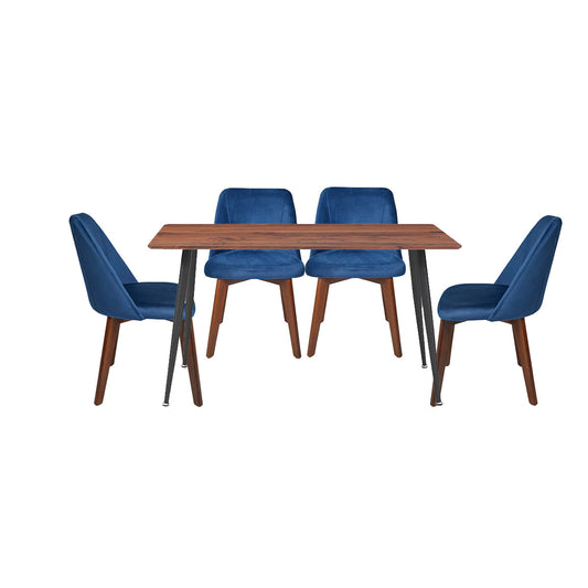 Mesa de comedor rectangular Miso con 4 sillas Alezia - Nogal, Negro y Azul
