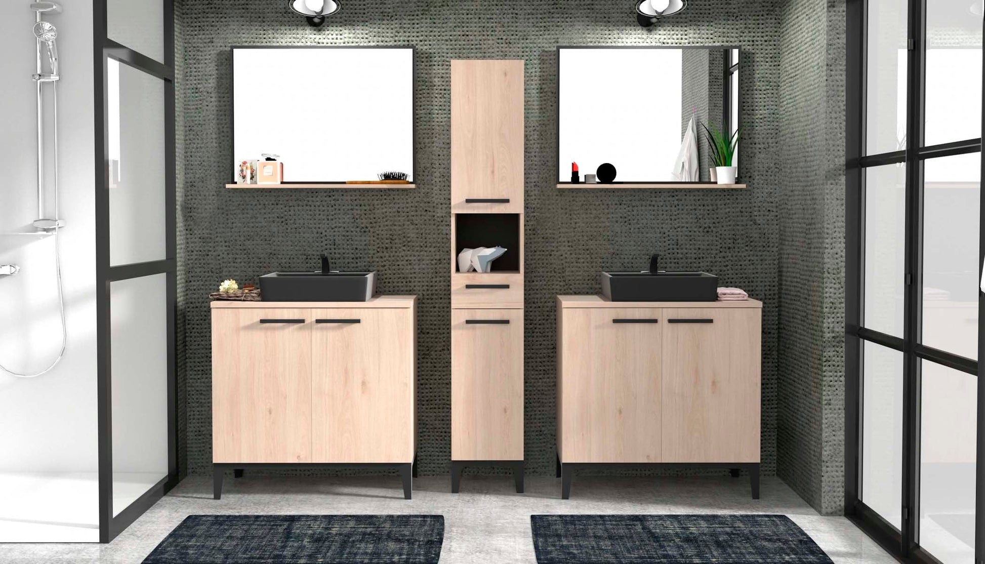 Conjunto mueble de baño espejo Kendo - Color Madera y Negro - Tu Gow