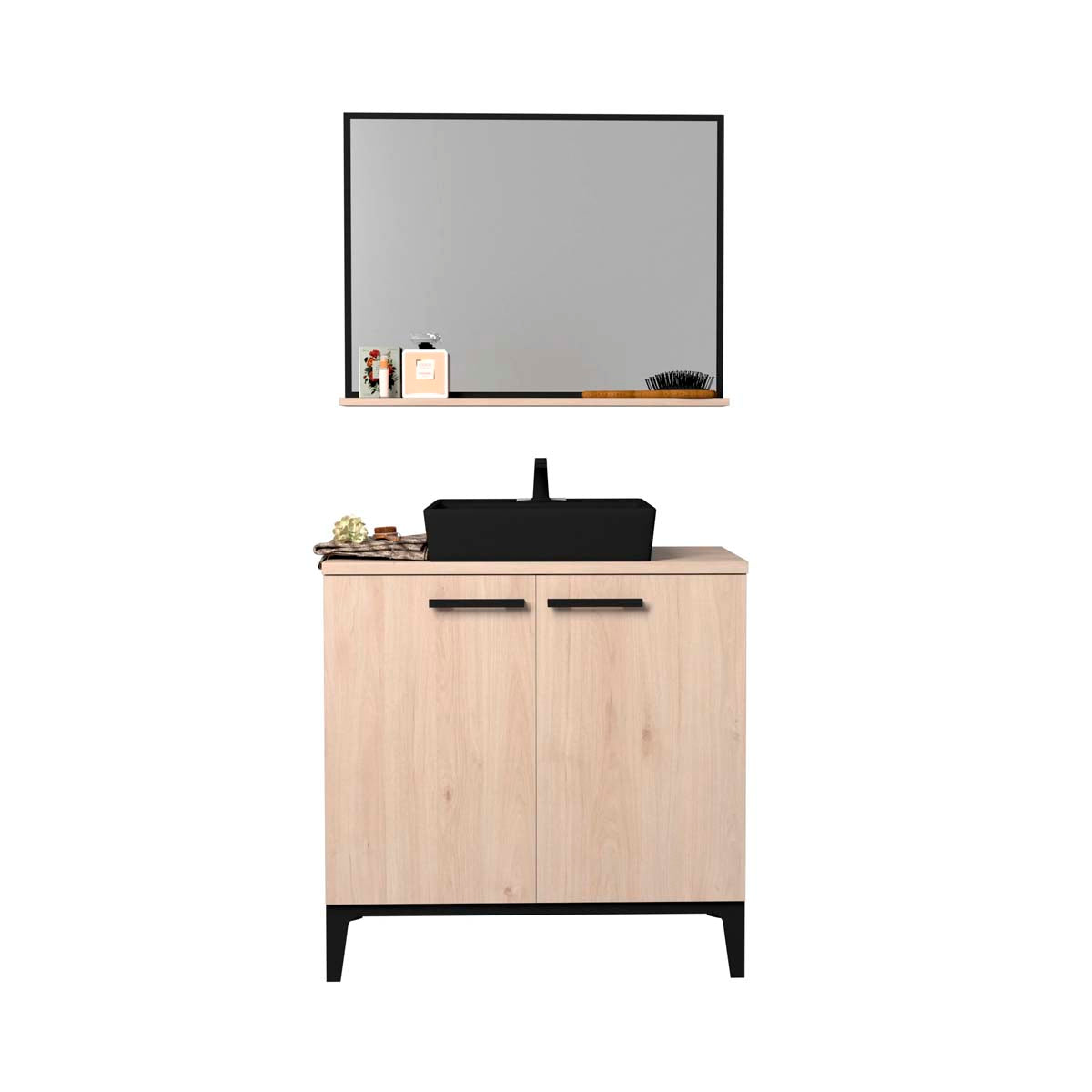 Conjunto mueble de baño espejo Kendo - Color Madera y Negro - Tu Gow