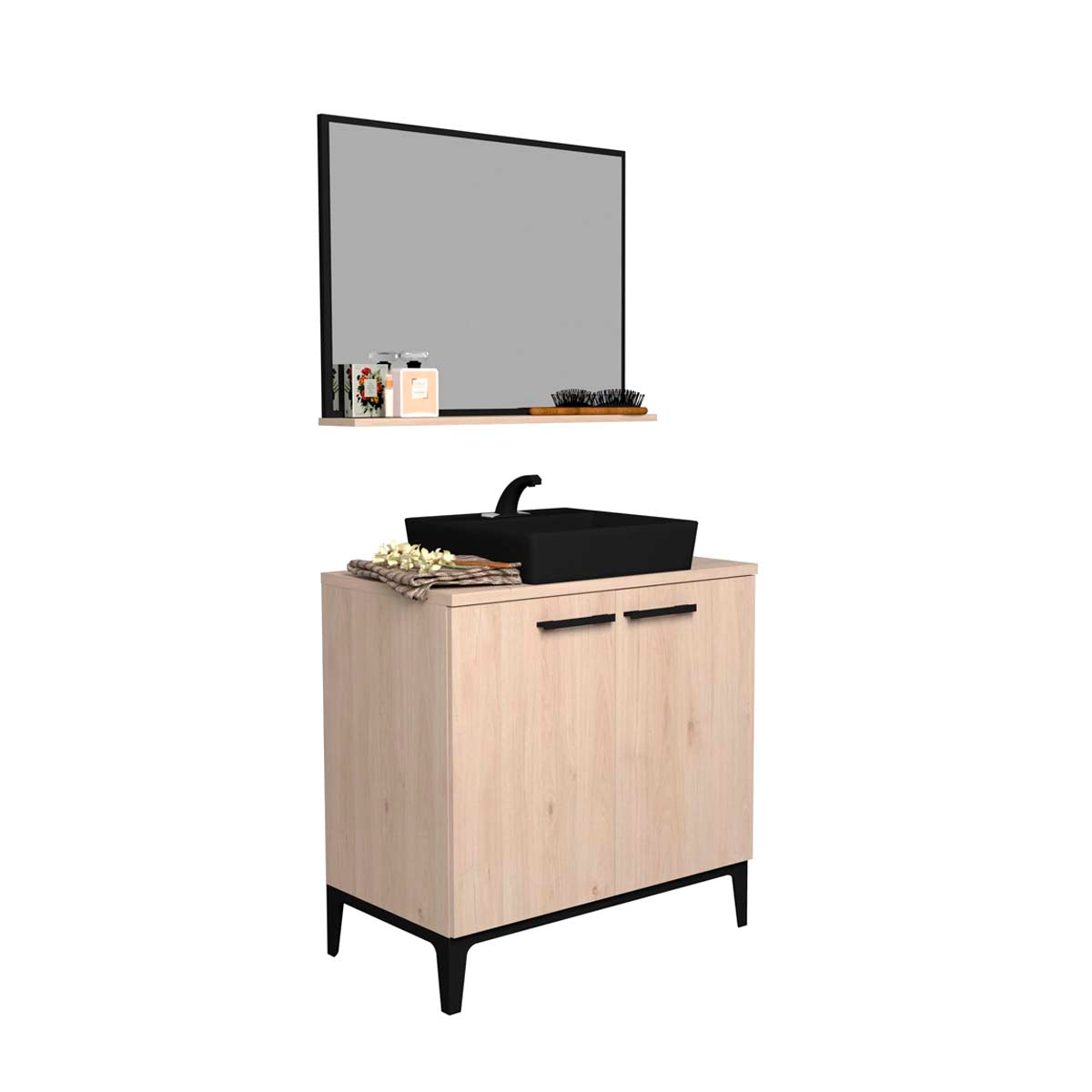 Conjunto mueble de baño espejo Kendo - Color Madera y Negro - Tu Gow