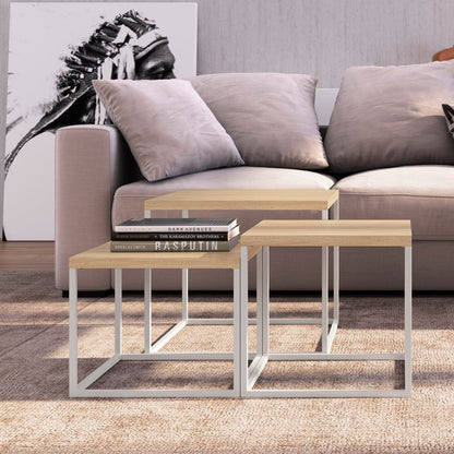 Juego de 3 mesas de centro Long - Blanco y Color Madera - Tugow