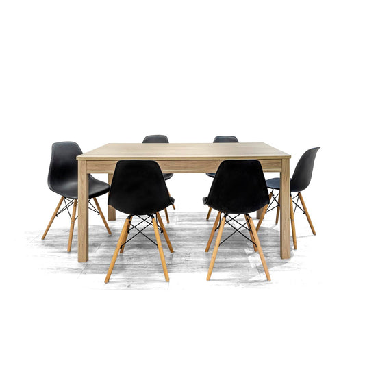 Mesa color roble con 6 sillas negras - Tu Gow