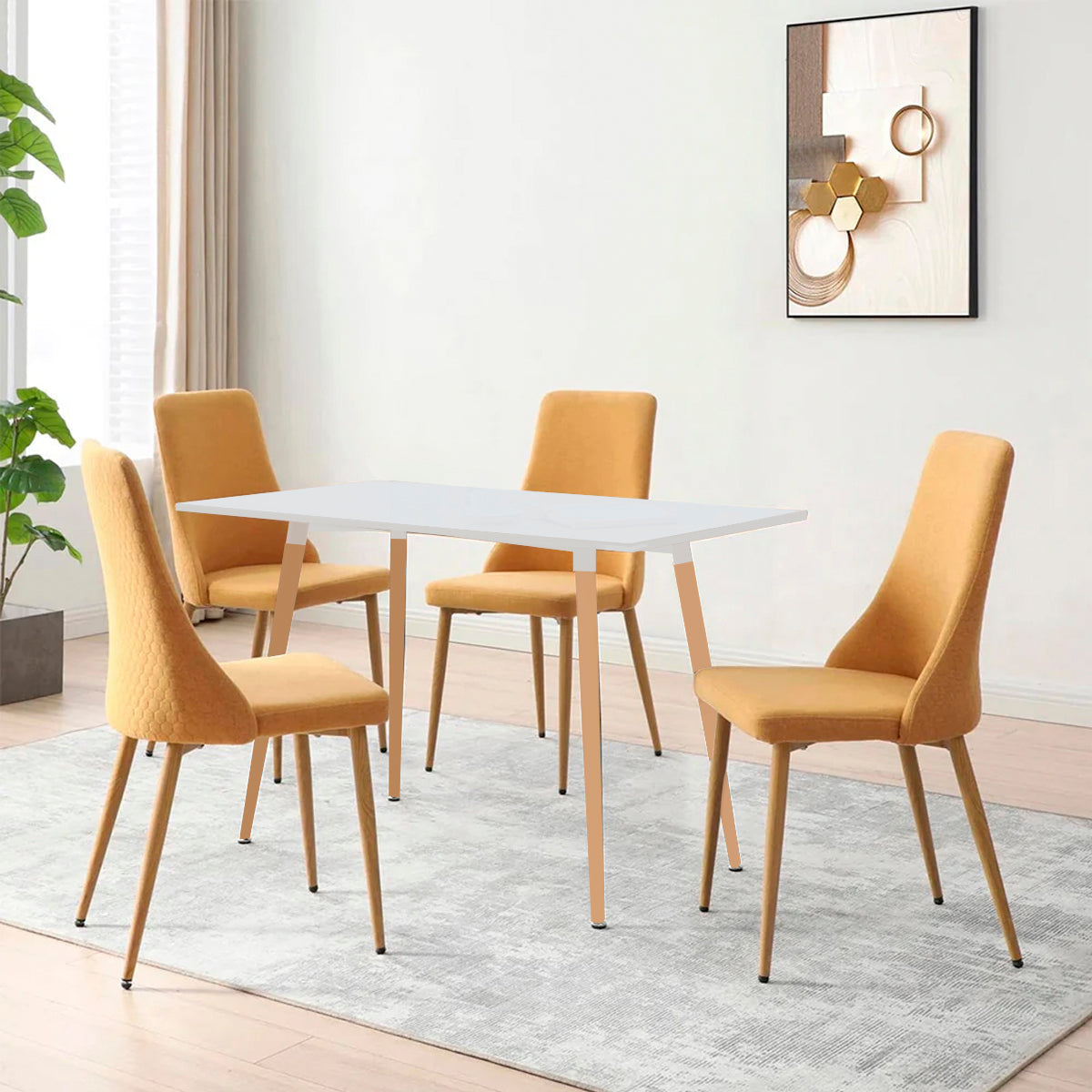 Mesa rectangular Munich con 4 sillas Ksual - Blanco y  Mostaza