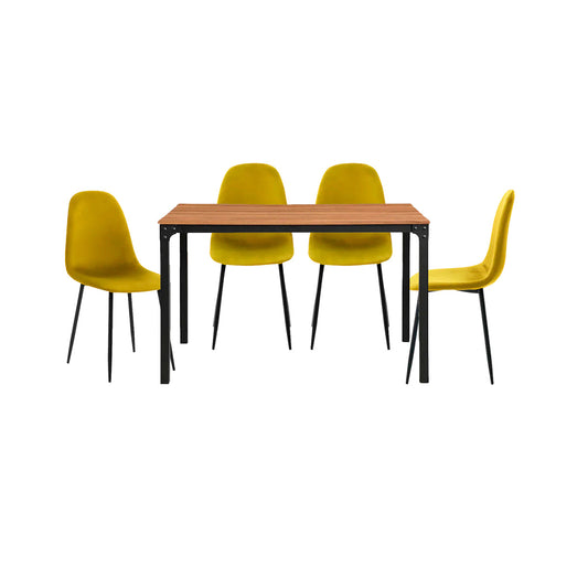 Mesa de comedor Sansa con 4 sillas Oxford - Nogal, Negro y Mostaza
