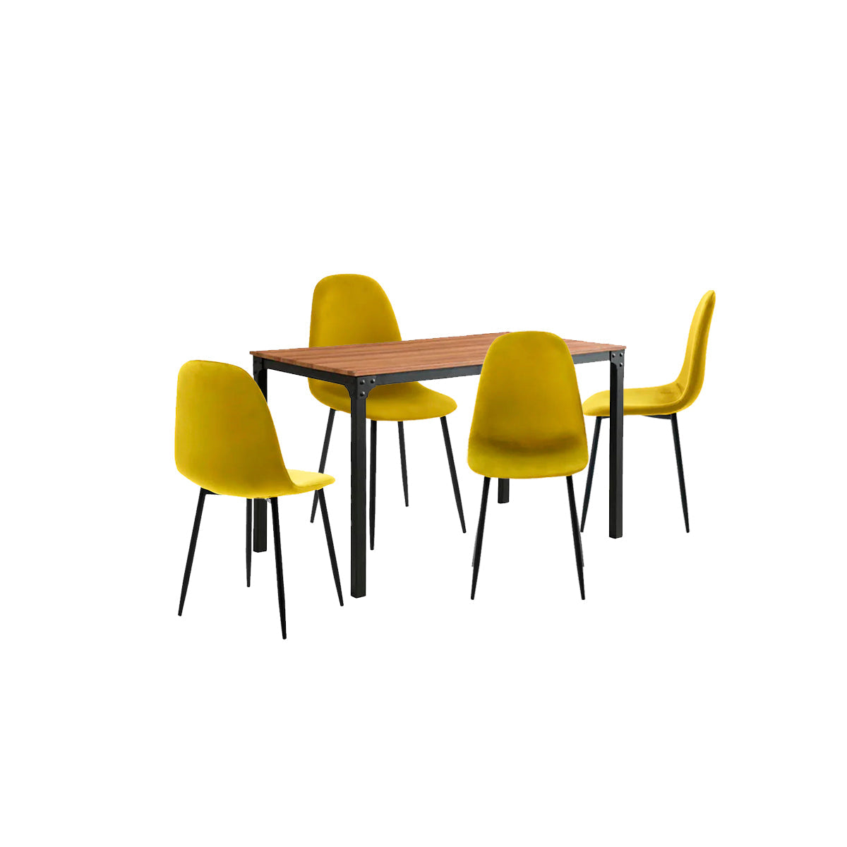 Mesa de comedor Sansa con 4 sillas Oxford - Nogal, Negro y Mostaza