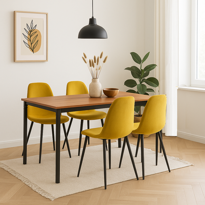 Mesa de comedor Sansa con 4 sillas Oxford - Nogal, Negro y Mostaza